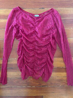 Free People Romantic Whimsygoth Red Mesh Long Sleeve Ruched Layering Top